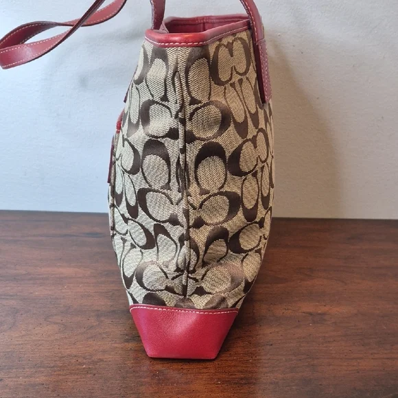 Coach Tan Signature Canvas Tote with Red Leather Trim Vintage K1J-6082 - Picture 3 of 15